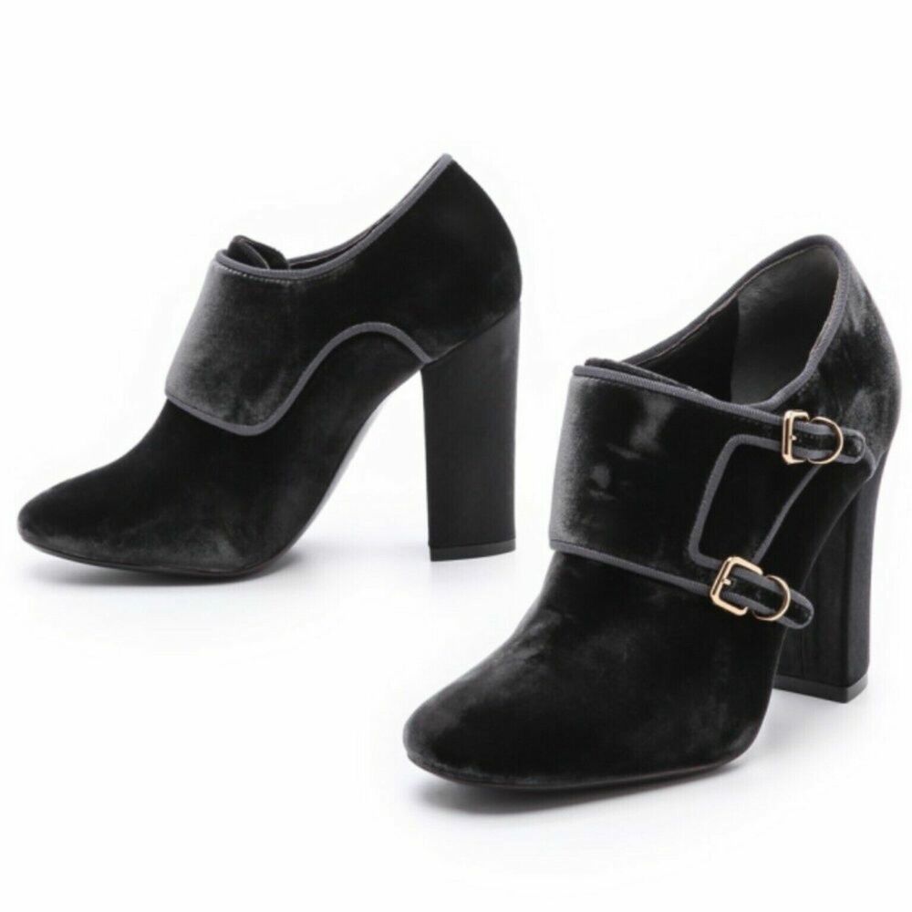 Tory Burch Carley Velvet Booties Gray Grigio Block Heel Buckle‎ Shoes 6.5M